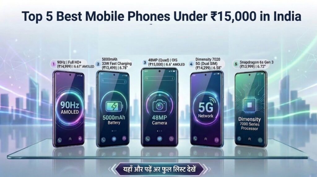 Top 5 smartphones under ₹15,000 in India 2026 – iQOO Z Series gaming phone, Realme Narzo stylish phone, Redmi Note balanced performance, Motorola G clean UI, Samsung M Series long battery.