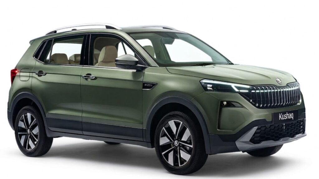 “2026 Skoda Kushaq facelift front view with updated grille and LED headlights”