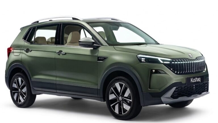 “2026 Skoda Kushaq facelift front view with updated grille and LED headlights”