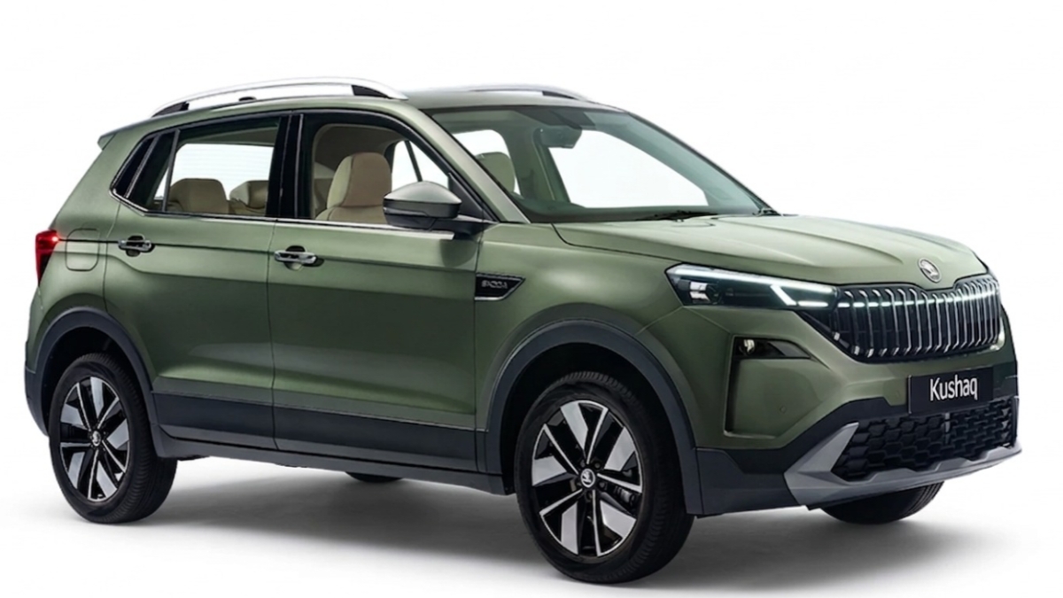 “2026 Skoda Kushaq facelift front view with updated grille and LED headlights”