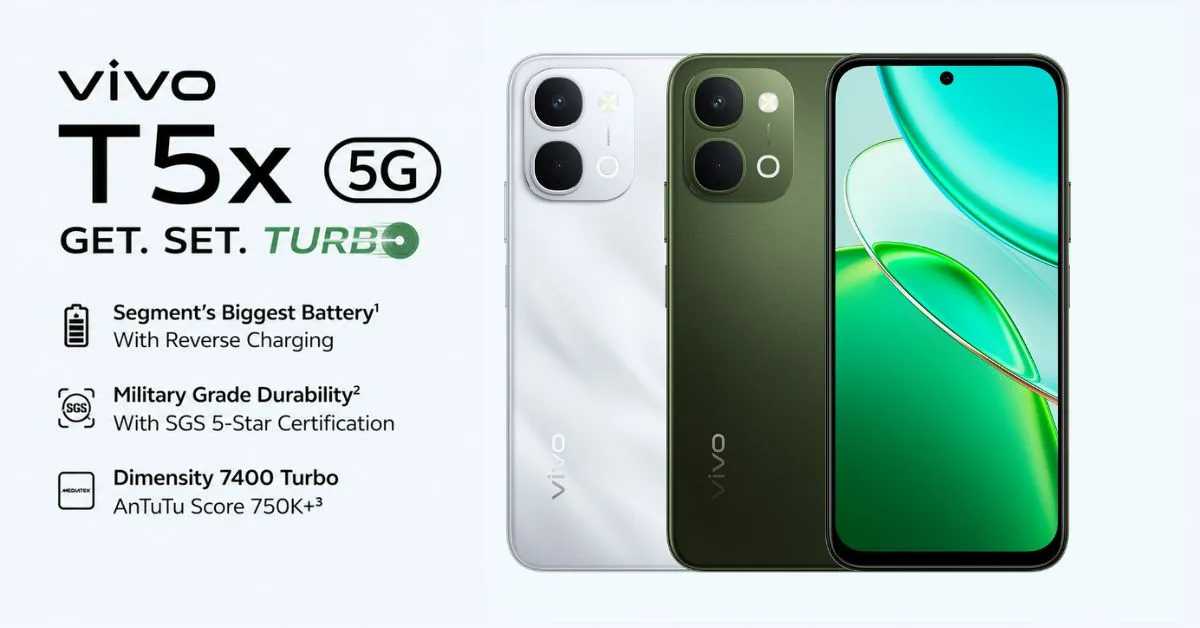 vivo T5x 5G स्मार्टफोन का फ्रंट और बैक डिजाइन, 7200mAh बैटरी और Dimensity 7400 Turbo प्रोसेसर के साथ