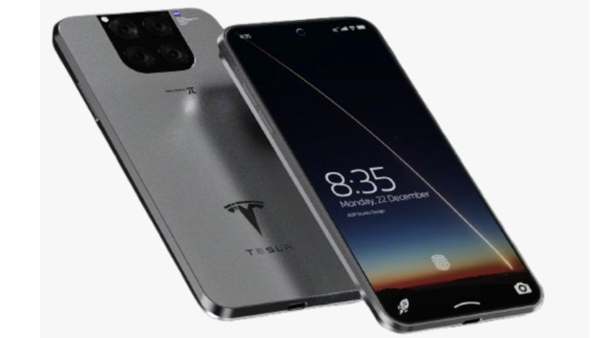 Tesla Pi Phone 2026 concept design with Neuralink integration and futuristic interface