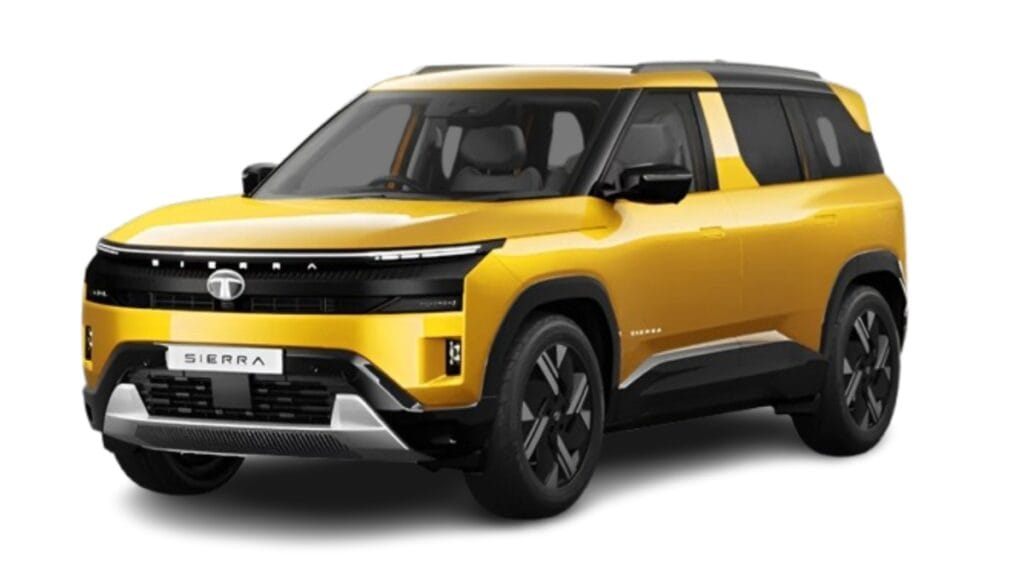 Tata Sierra 2026 का फ्रंट व्यू, प्रीमियम डिजाइन और LED हेडलाइट्स के साथ